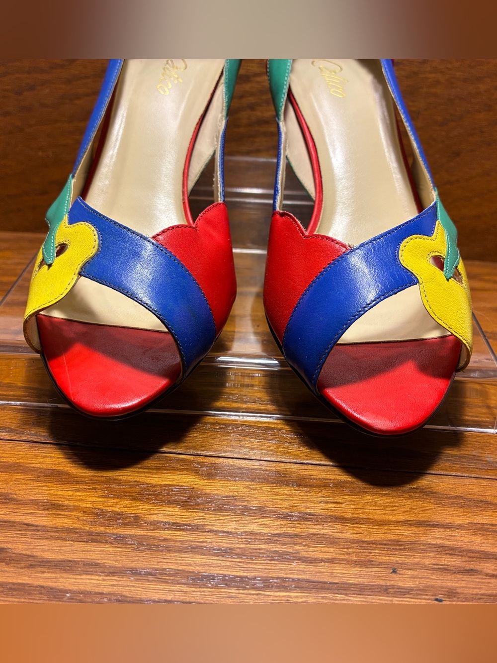 Vintage 80s 90s Calico Colorblock Leather Peep Toe Heels Size 10 - Picture 6 of 16